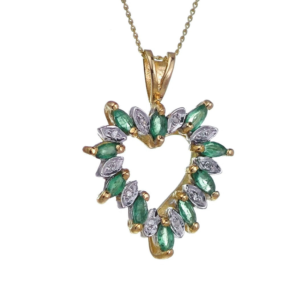 9ct Emerald Diamond Heart Necklace Yellow Gold 0.6ct Green Marquise Natural Gemstone