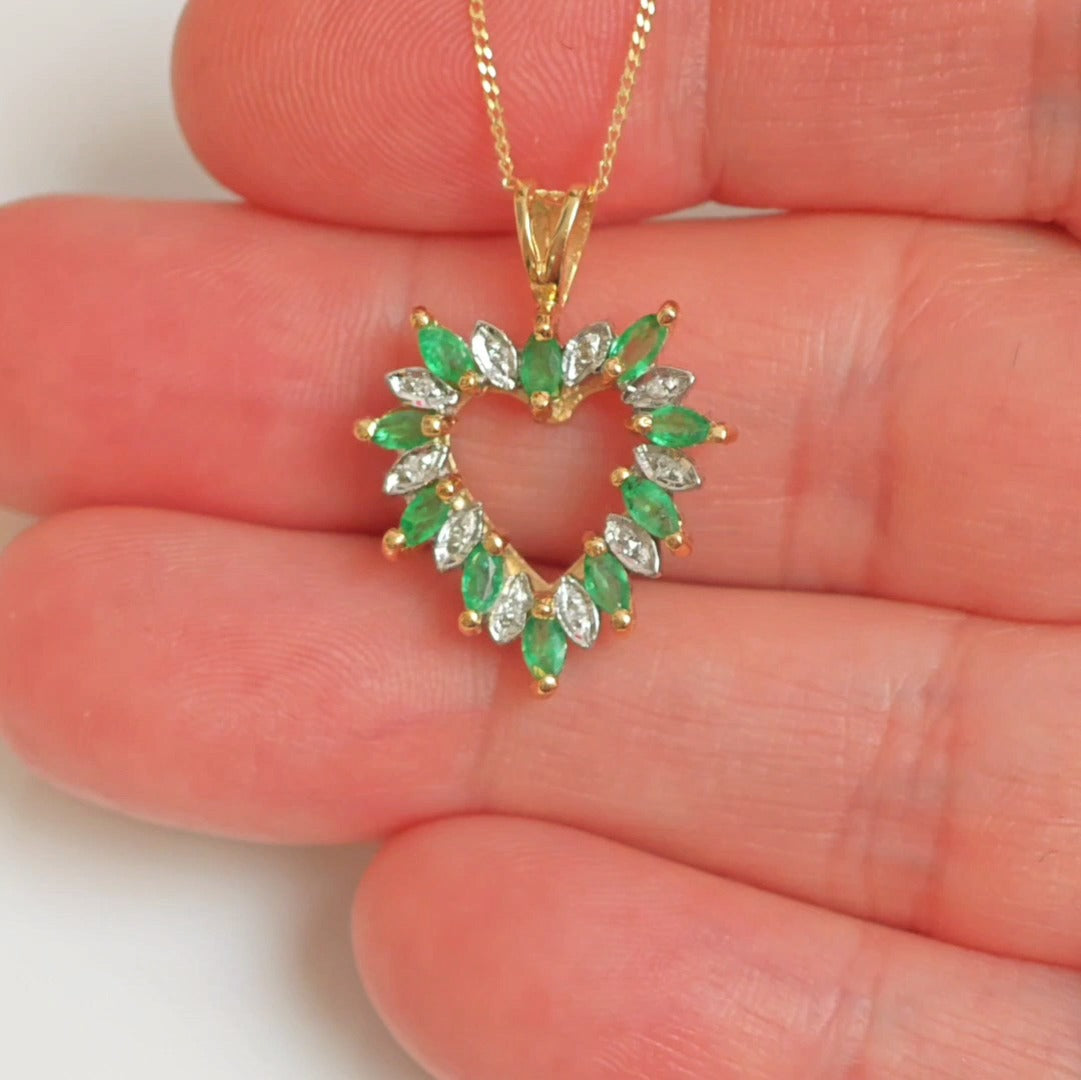 9ct Emerald Diamond Heart Necklace Yellow Gold 0.6ct Green Marquise Natural Gemstone