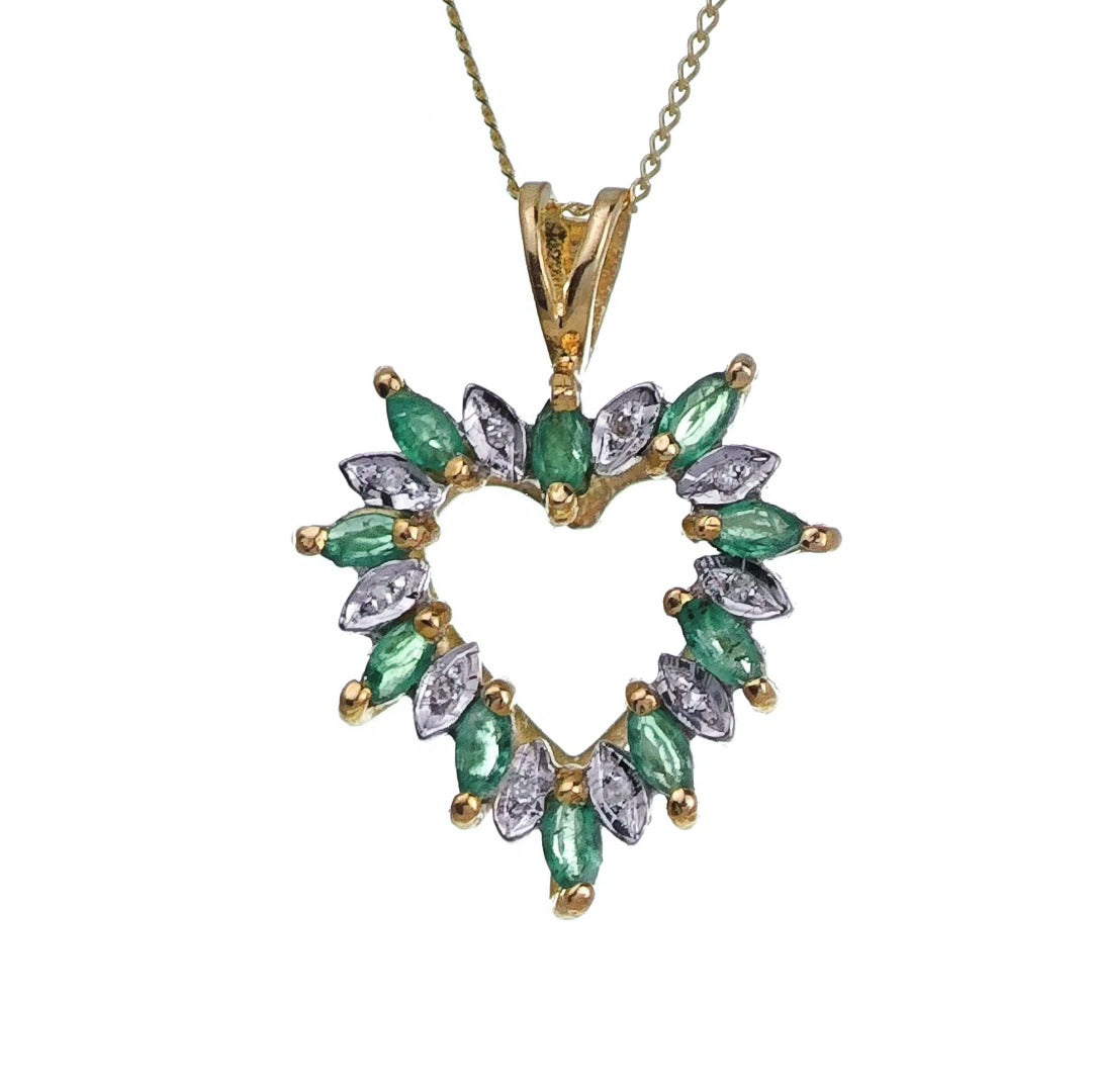 9ct Emerald Diamond Heart Necklace Yellow Gold 0.6ct Green Marquise Natural Gemstone