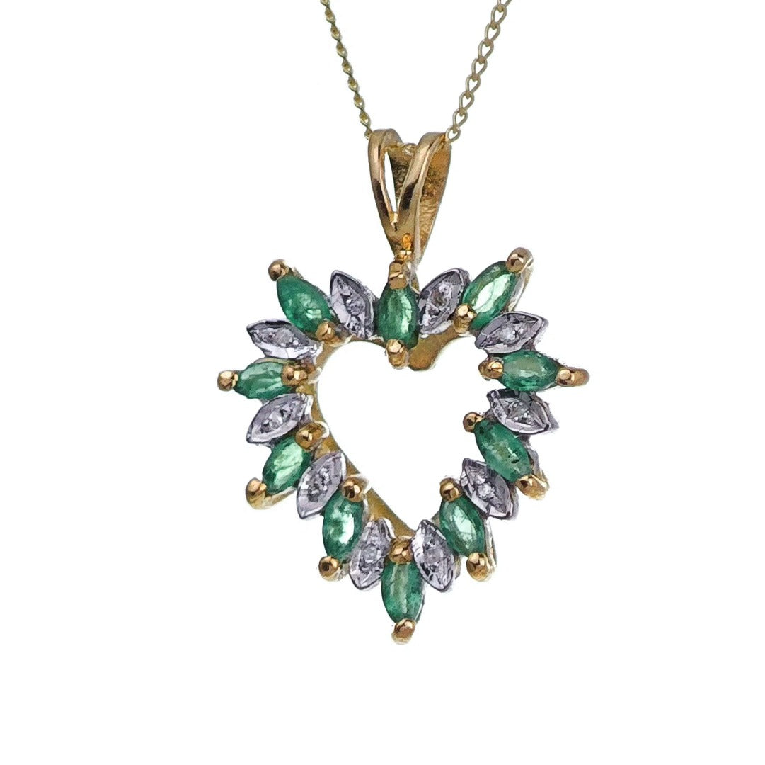 9ct Emerald Diamond Heart Necklace Yellow Gold 0.6ct Green Marquise Natural Gemstone