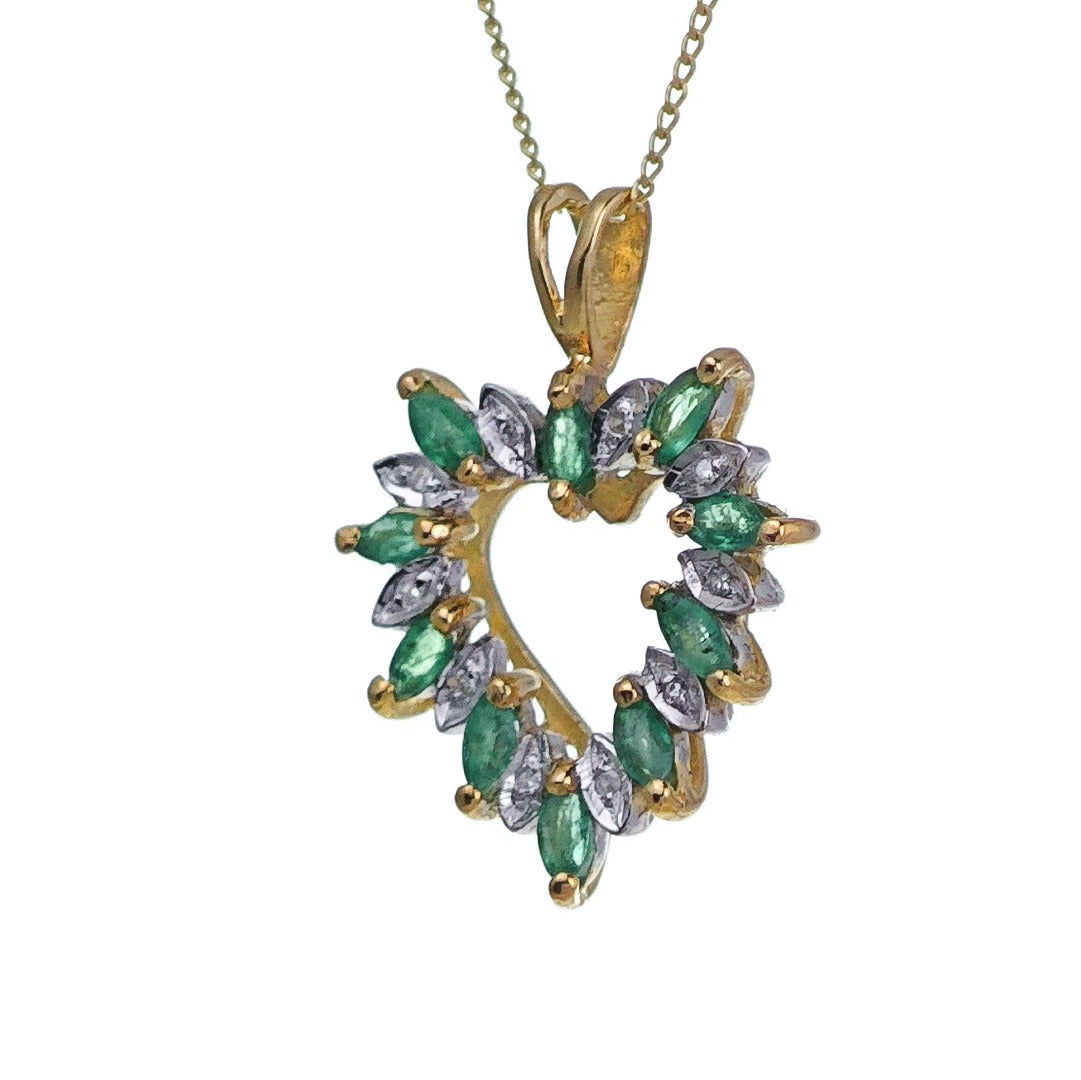 9ct Emerald Diamond Heart Necklace Yellow Gold 0.6ct Green Marquise Natural Gemstone