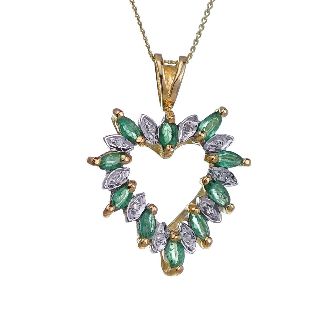 9ct Emerald Diamond Heart Necklace Yellow Gold 0.6ct Green Marquise Natural Gemstone