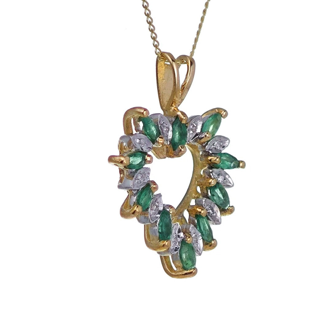 9ct Emerald Diamond Heart Necklace Yellow Gold 0.6ct Green Marquise Natural Gemstone