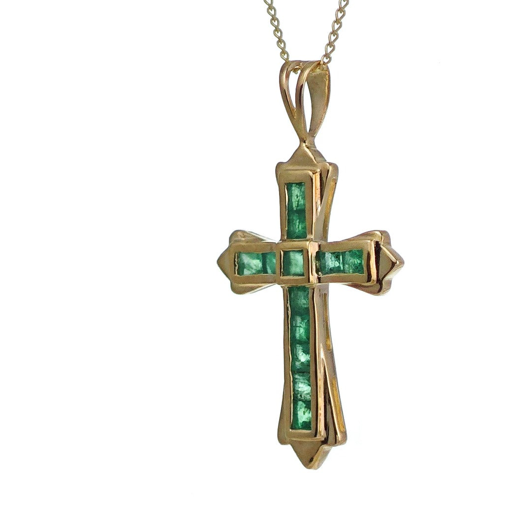 9ct Emerald Cross Necklace Yellow Gold 0.54ct Green Square Natural Gemstone