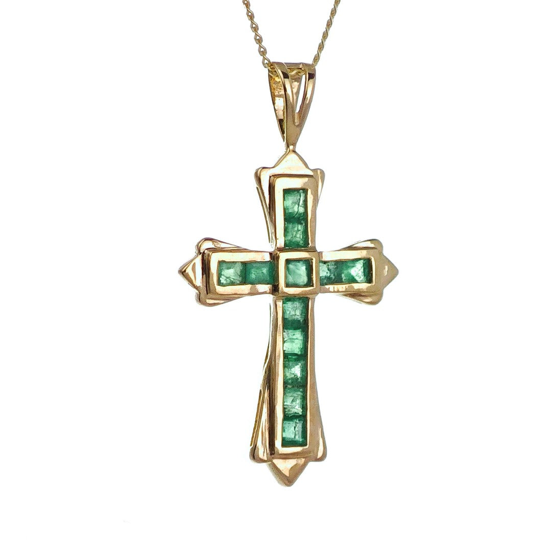 9ct Emerald Cross Necklace Yellow Gold 0.54ct Green Square Natural Gemstone