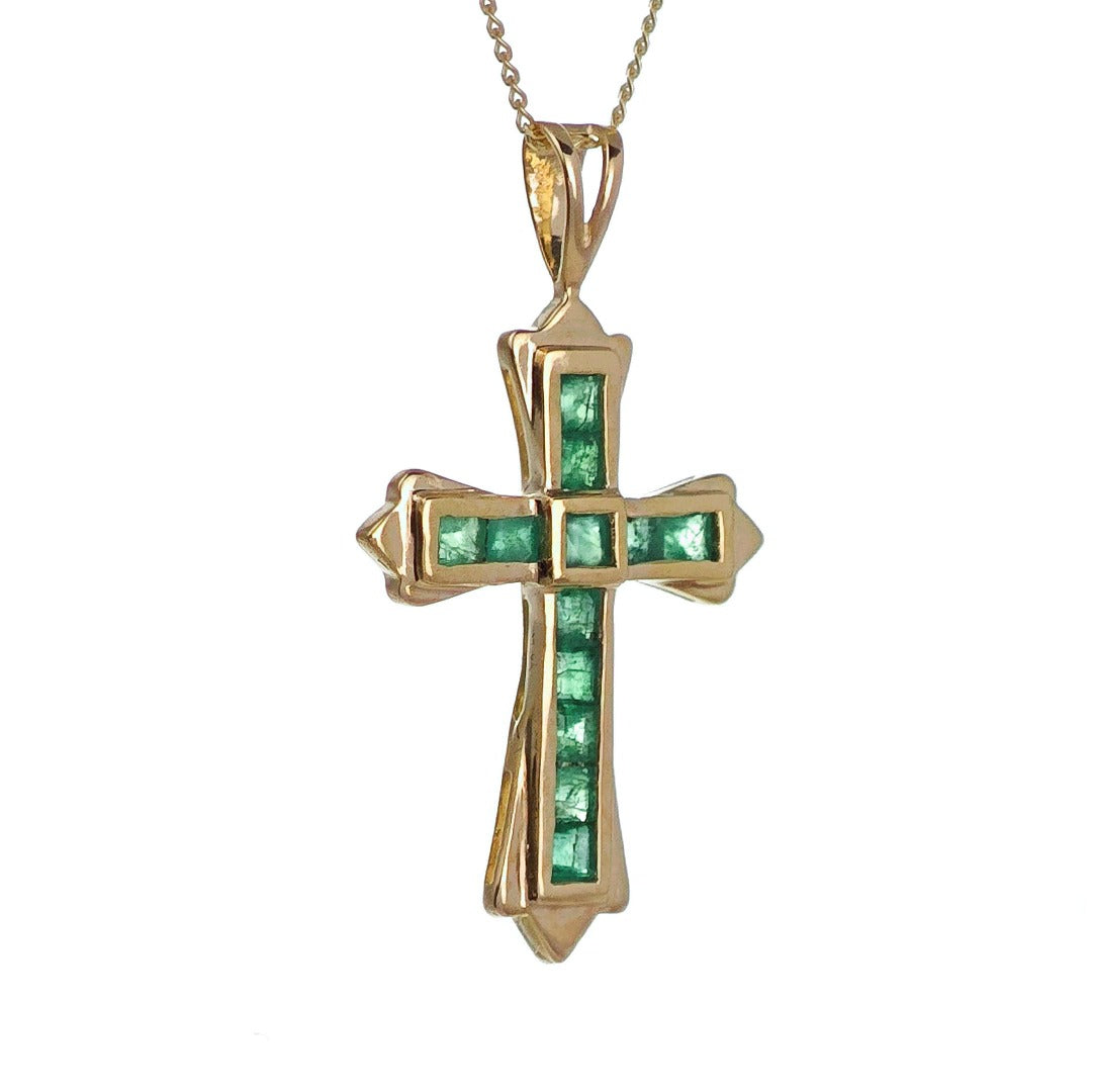 9ct Emerald Cross Necklace Yellow Gold 0.54ct Green Square Natural Gemstone