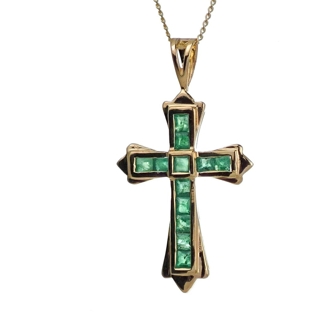 9ct Emerald Cross Necklace Yellow Gold 0.54ct Green Square Natural Gemstone