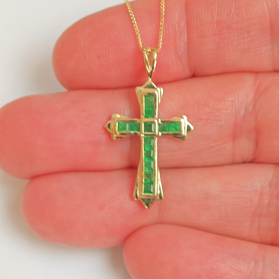 9ct Emerald Cross Necklace Yellow Gold 0.54ct Green Square Natural Gemstone