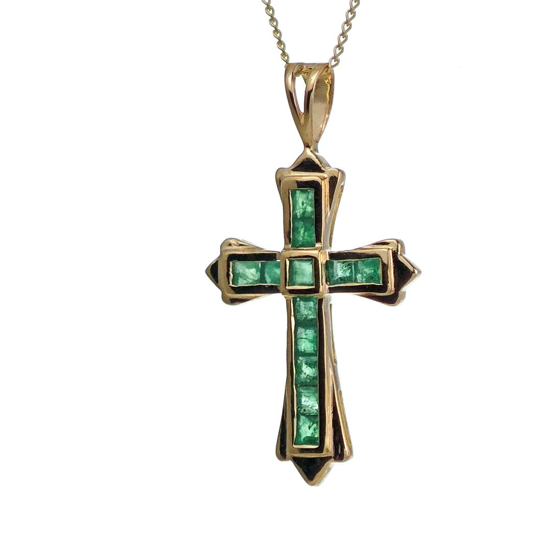 9ct Emerald Cross Necklace Yellow Gold 0.54ct Green Square Natural Gemstone