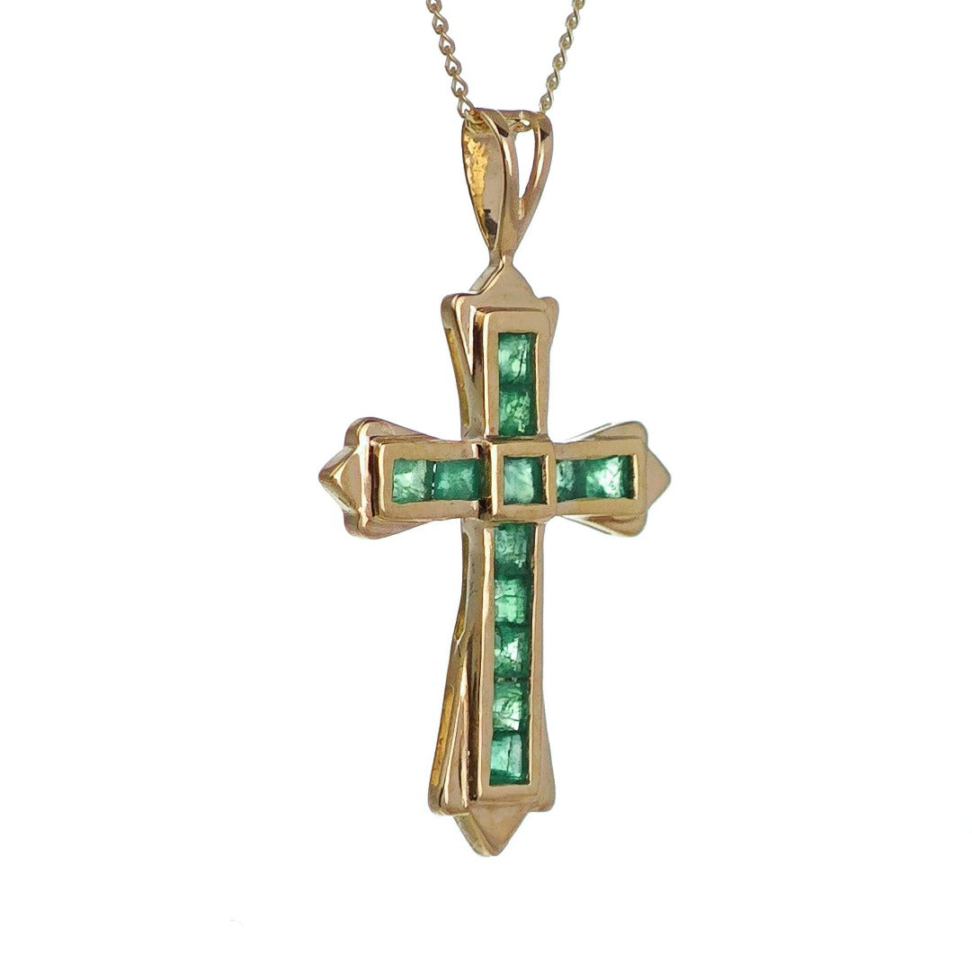 9ct Emerald Cross Necklace Yellow Gold 0.54ct Green Square Natural Gemstone