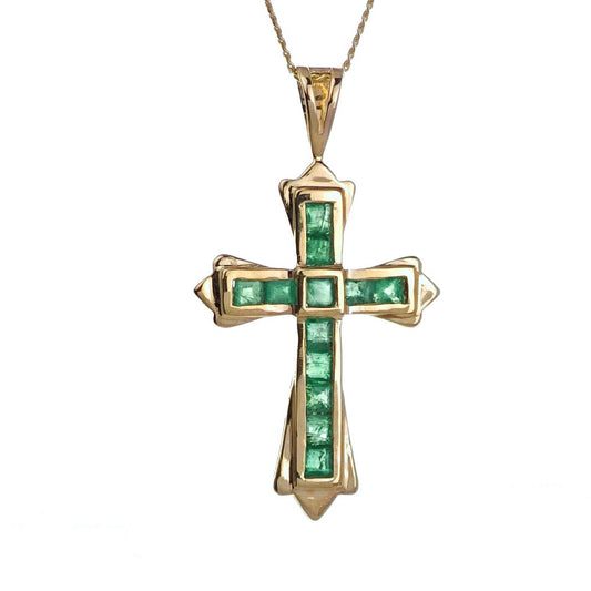 9ct Emerald Cross Necklace Yellow Gold 0.54ct Green Square Natural Gemstone