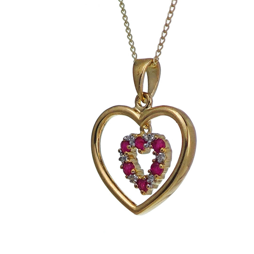 9ct Ruby Diamond Heart Necklace Yellow Gold 0.18ct Red Round. Natural Gemstone