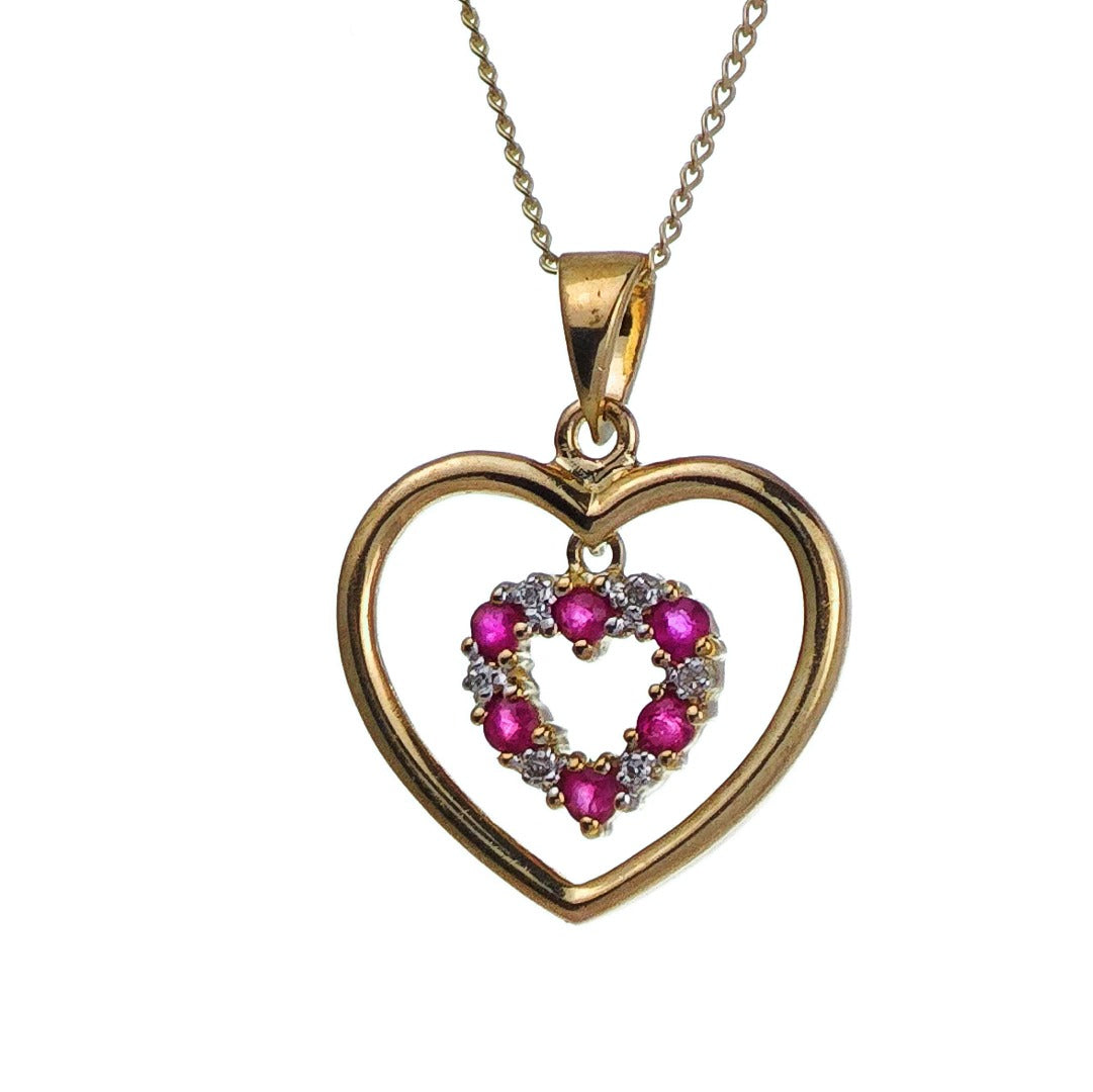 9ct Ruby Diamond Heart Necklace Yellow Gold 0.18ct Red Round. Natural Gemstone