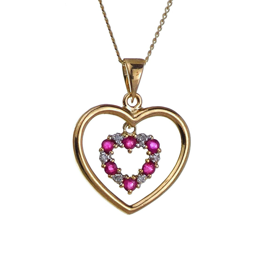 9ct Ruby Diamond Heart Necklace Yellow Gold 0.18ct Red Round. Natural Gemstone