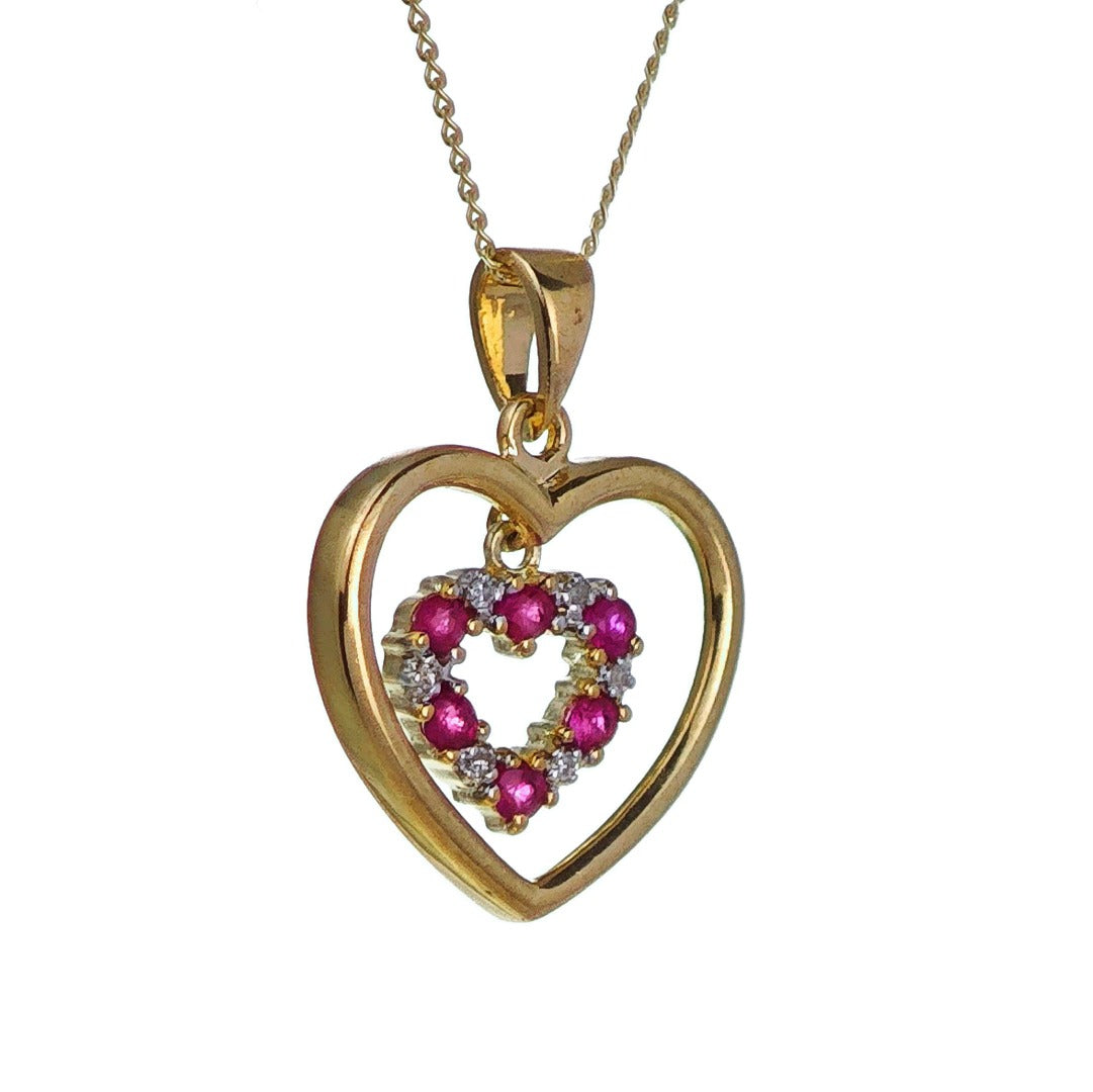 9ct Ruby Diamond Heart Necklace Yellow Gold 0.18ct Red Round. Natural Gemstone