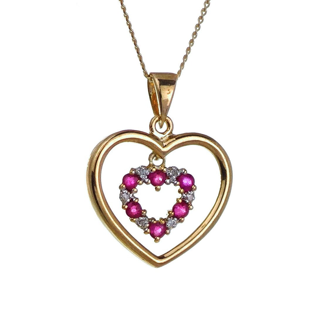 9ct Ruby Diamond Heart Necklace Yellow Gold 0.18ct Red Round. Natural Gemstone