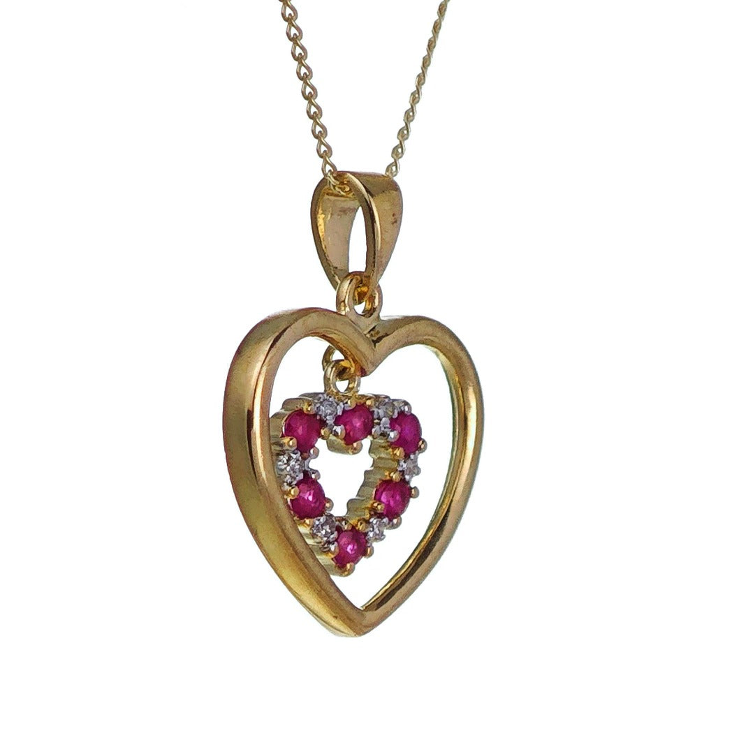 9ct Ruby Diamond Heart Necklace Yellow Gold 0.18ct Red Round. Natural Gemstone