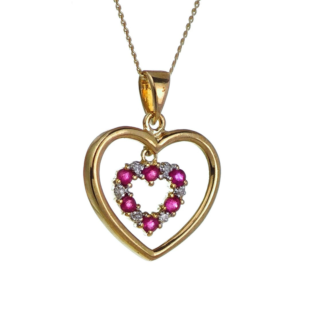 9ct Ruby Diamond Heart Necklace Yellow Gold 0.18ct Red Round. Natural Gemstone