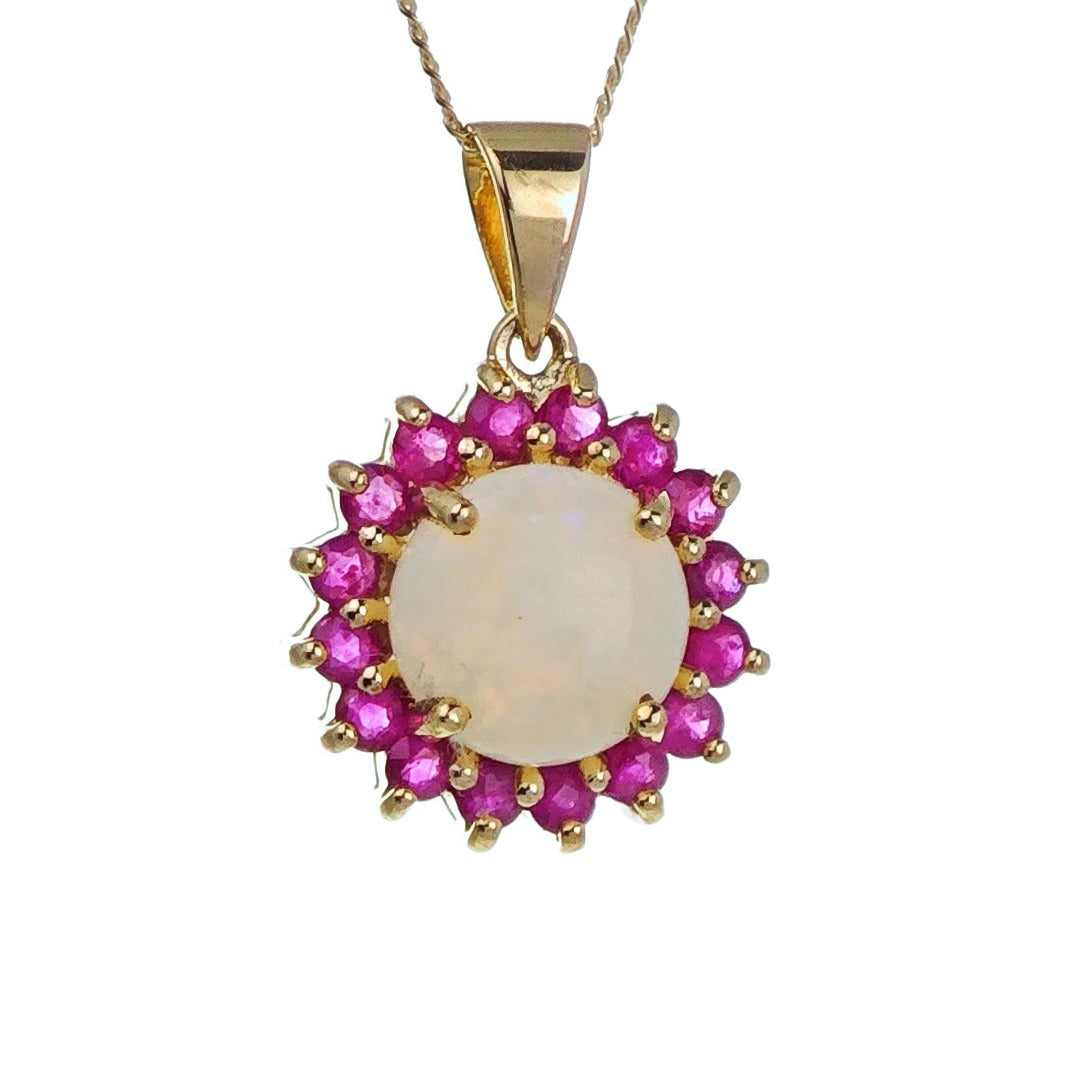 9ct Opal Ruby Necklace Yellow Gold 1.9ct White Round Natural Gemstone