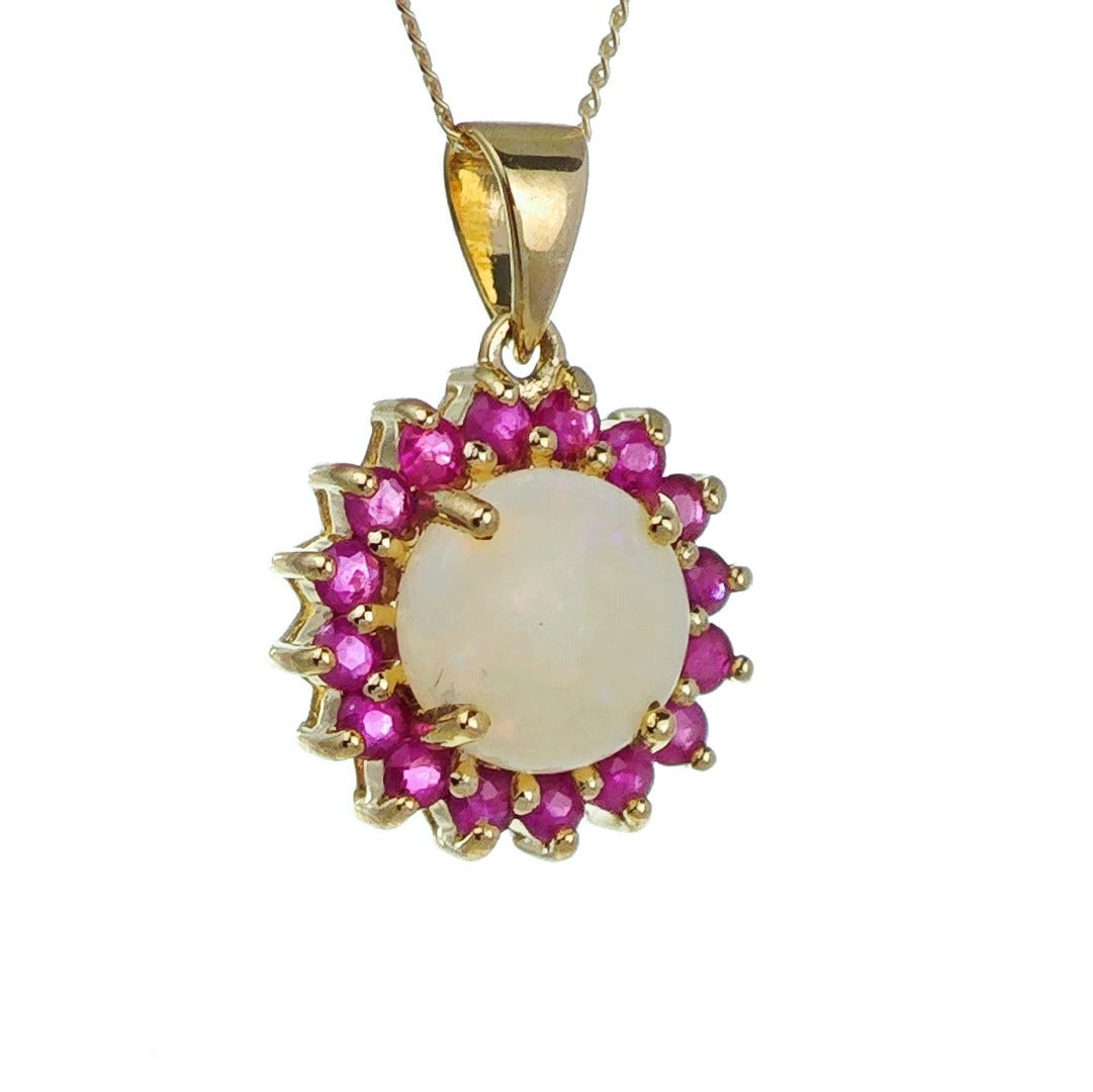 9ct Opal Ruby Necklace Yellow Gold 1.9ct White Round Natural Gemstone