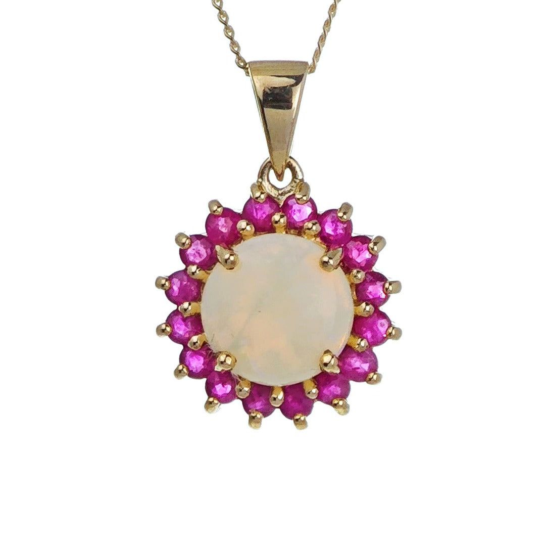 9ct Opal Ruby Necklace Yellow Gold 1.9ct White Round Natural Gemstone