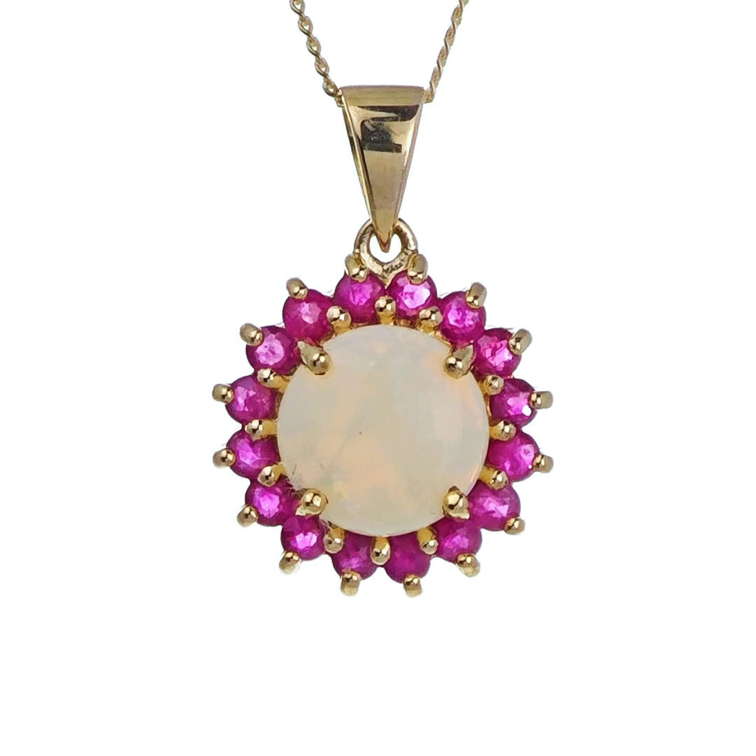 9ct Opal Ruby Necklace Yellow Gold 1.9ct White Round Natural Gemstone