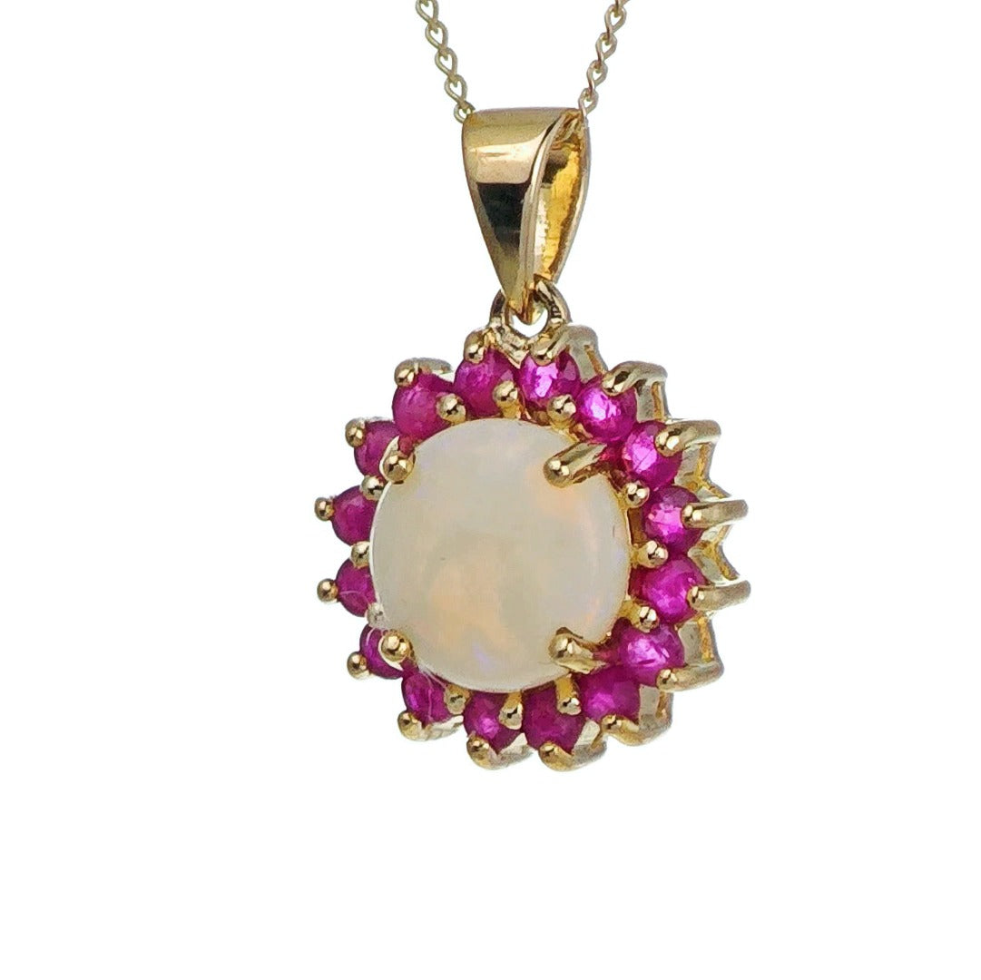 9ct Opal Ruby Necklace Yellow Gold 1.9ct White Round Natural Gemstone