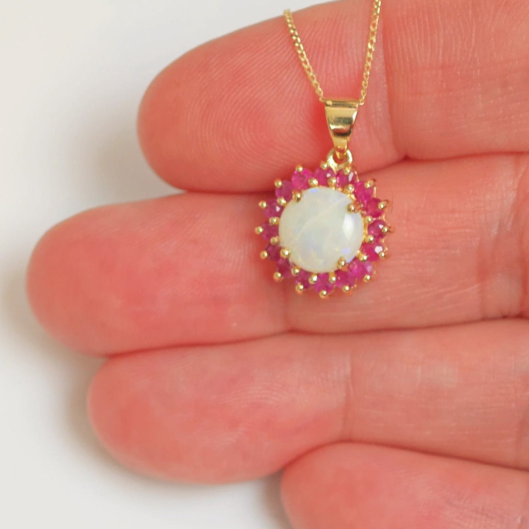 9ct Opal Ruby Necklace Yellow Gold 1.9ct White Round Natural Gemstone