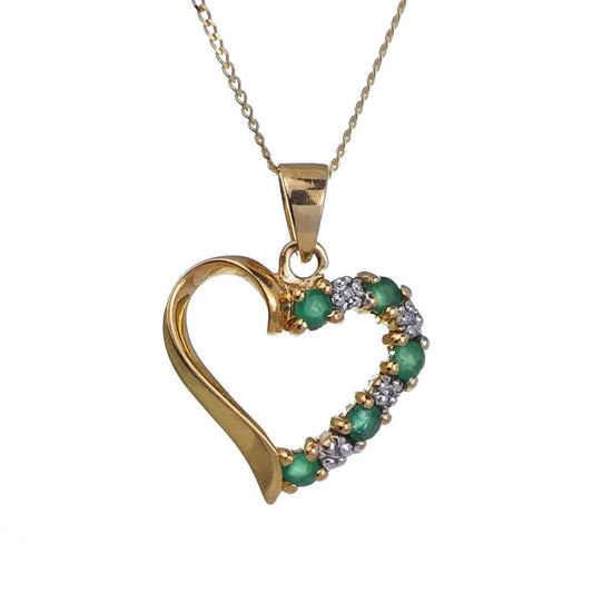 9ct Emerald Heart Necklace Diamond Yellow Gold 0.18ct Green Round Natural Gemstone