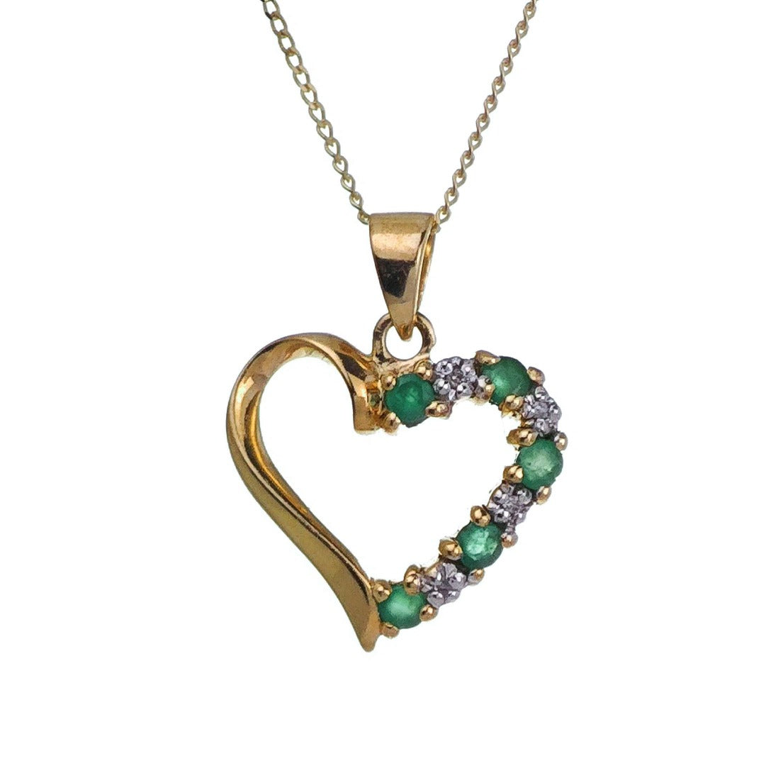 9ct Emerald Heart Necklace Diamond Yellow Gold 0.18ct Green Round Natural Gemstone