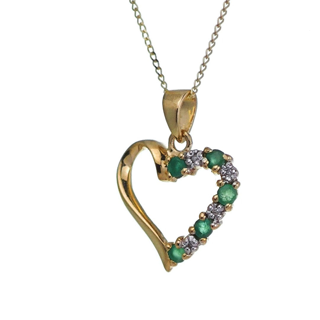 9ct Emerald Heart Necklace Diamond Yellow Gold 0.18ct Green Round Natural Gemstone