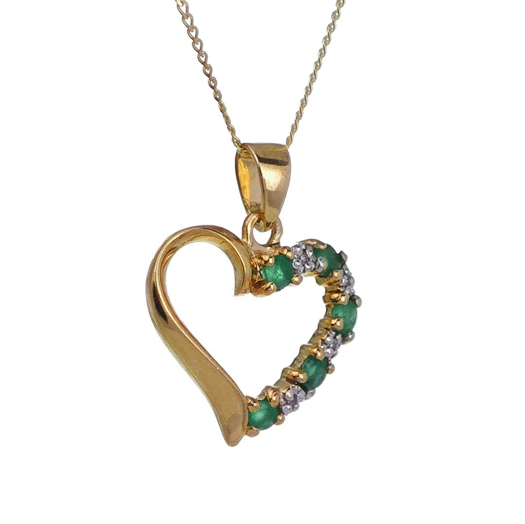 9ct Emerald Heart Necklace Diamond Yellow Gold 0.18ct Green Round Natural Gemstone