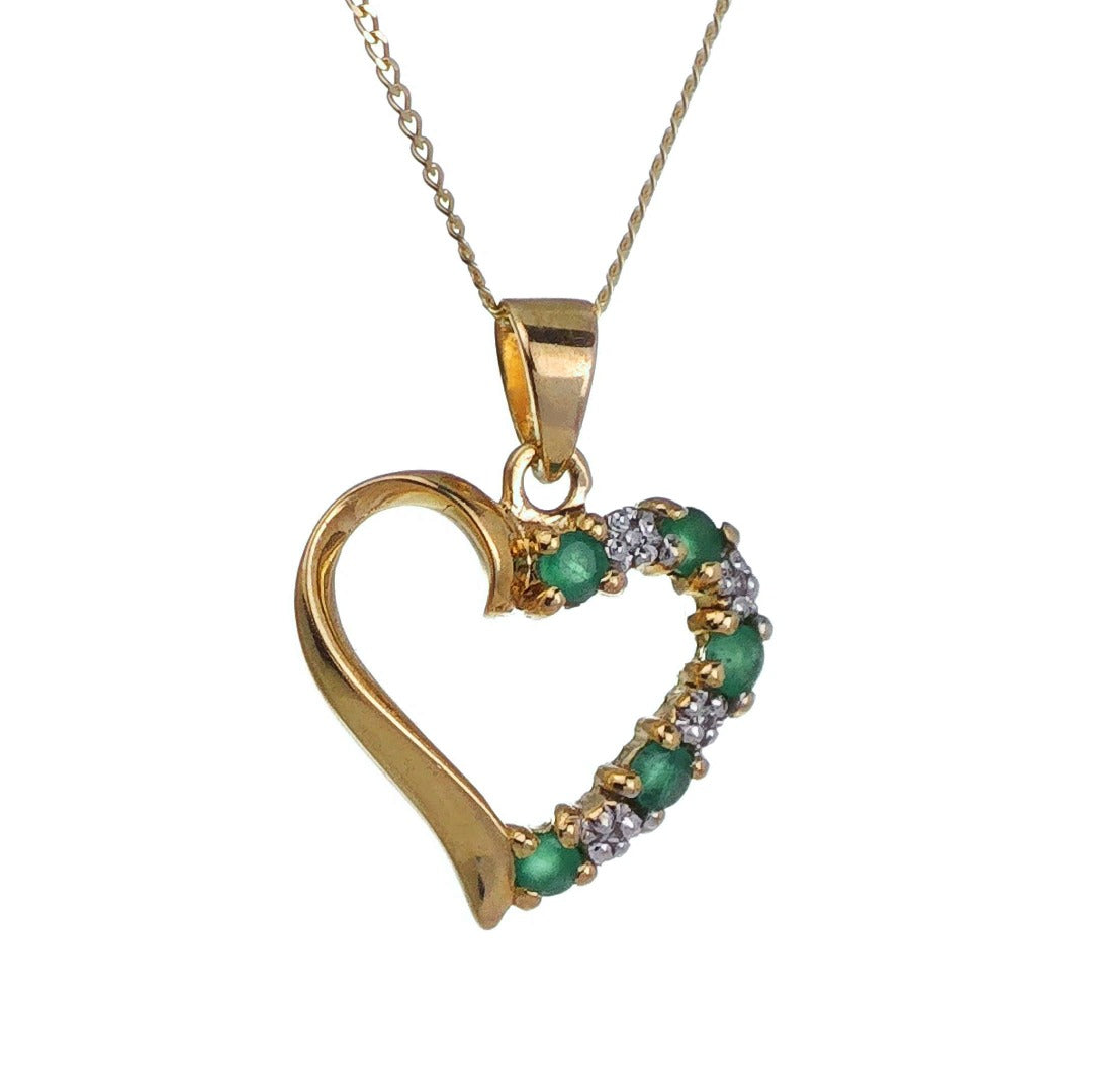 9ct Emerald Heart Necklace Diamond Yellow Gold 0.18ct Green Round Natural Gemstone