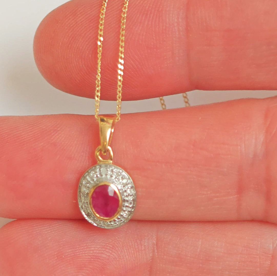 9ct Ruby Necklace Diamonds Yellow Gold 0.5ct Red Oval Natural Gemstone