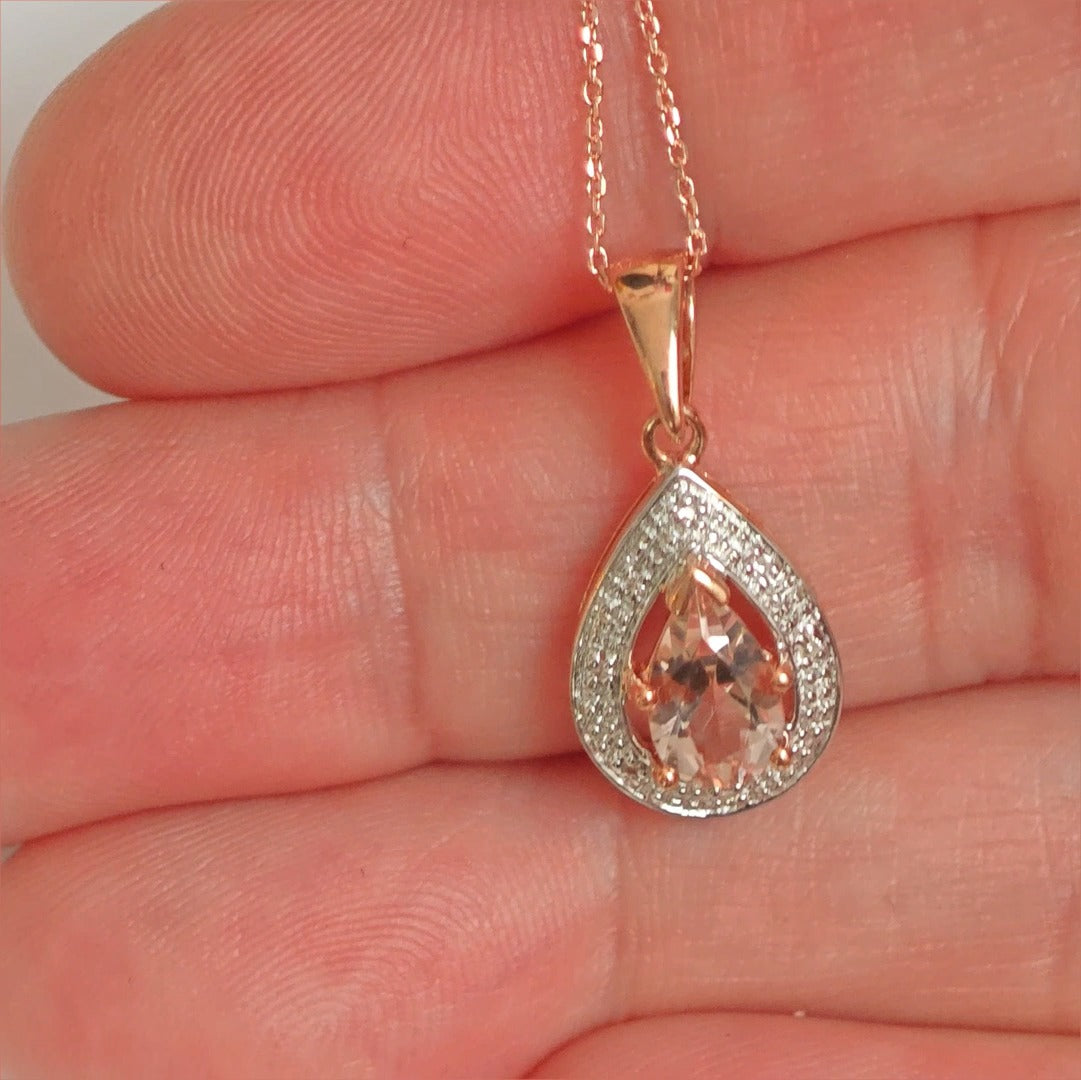 9ct Morganite Necklace Rose Gold 0.78ct Pink Pear Natural Gemstone