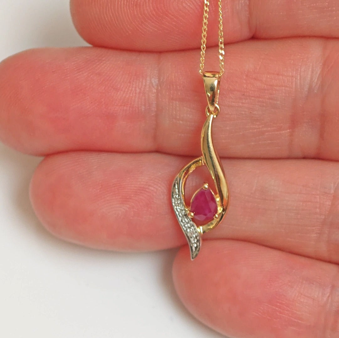 9ct Ruby Necklace Diamond Yellow Gold 0.39ct Red Pear Natural Gemstone