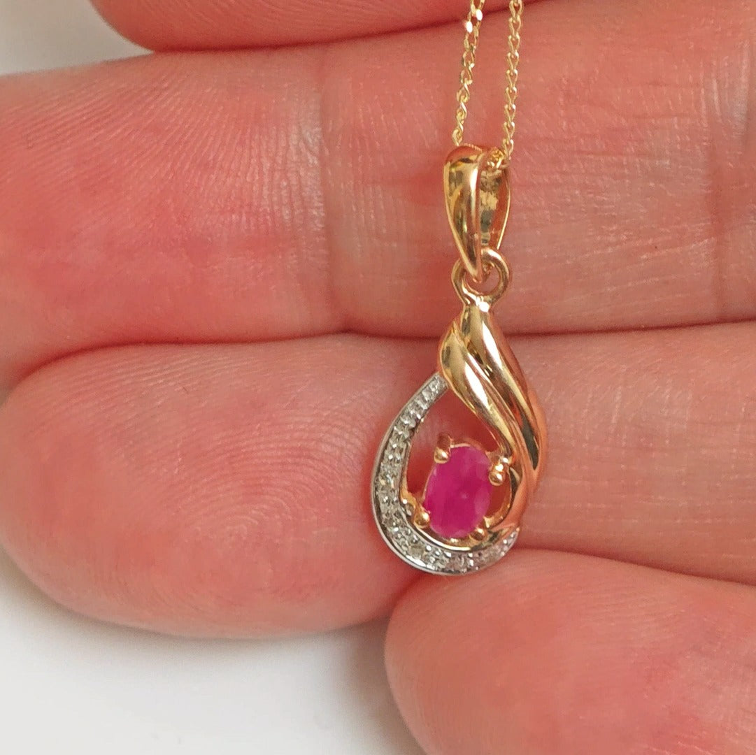 9ct Ruby Necklace Diamonds Yellow Gold 0.3ct Red Oval Natural Gemstone