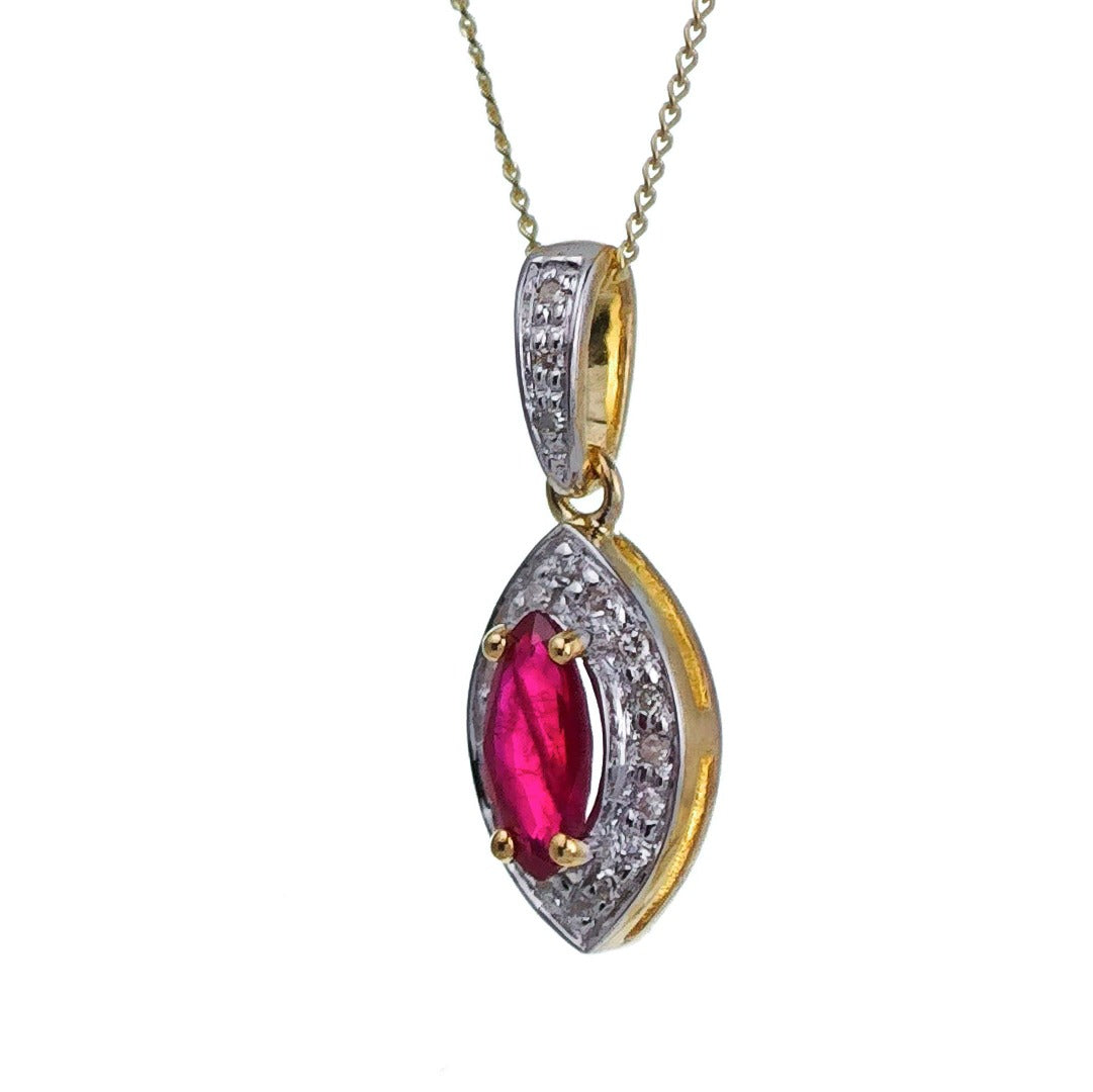 9ct Ruby Necklace Diamonds Yellow Gold 0.56ct Red Marquise Natural Gemstone