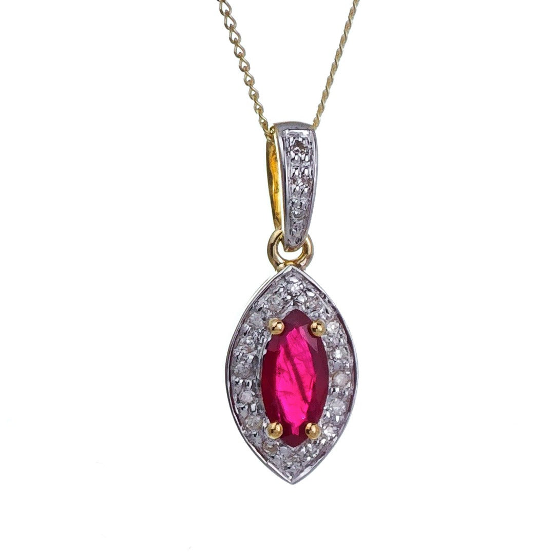 9ct Ruby Necklace Diamonds Yellow Gold 0.56ct Red Marquise Natural Gemstone