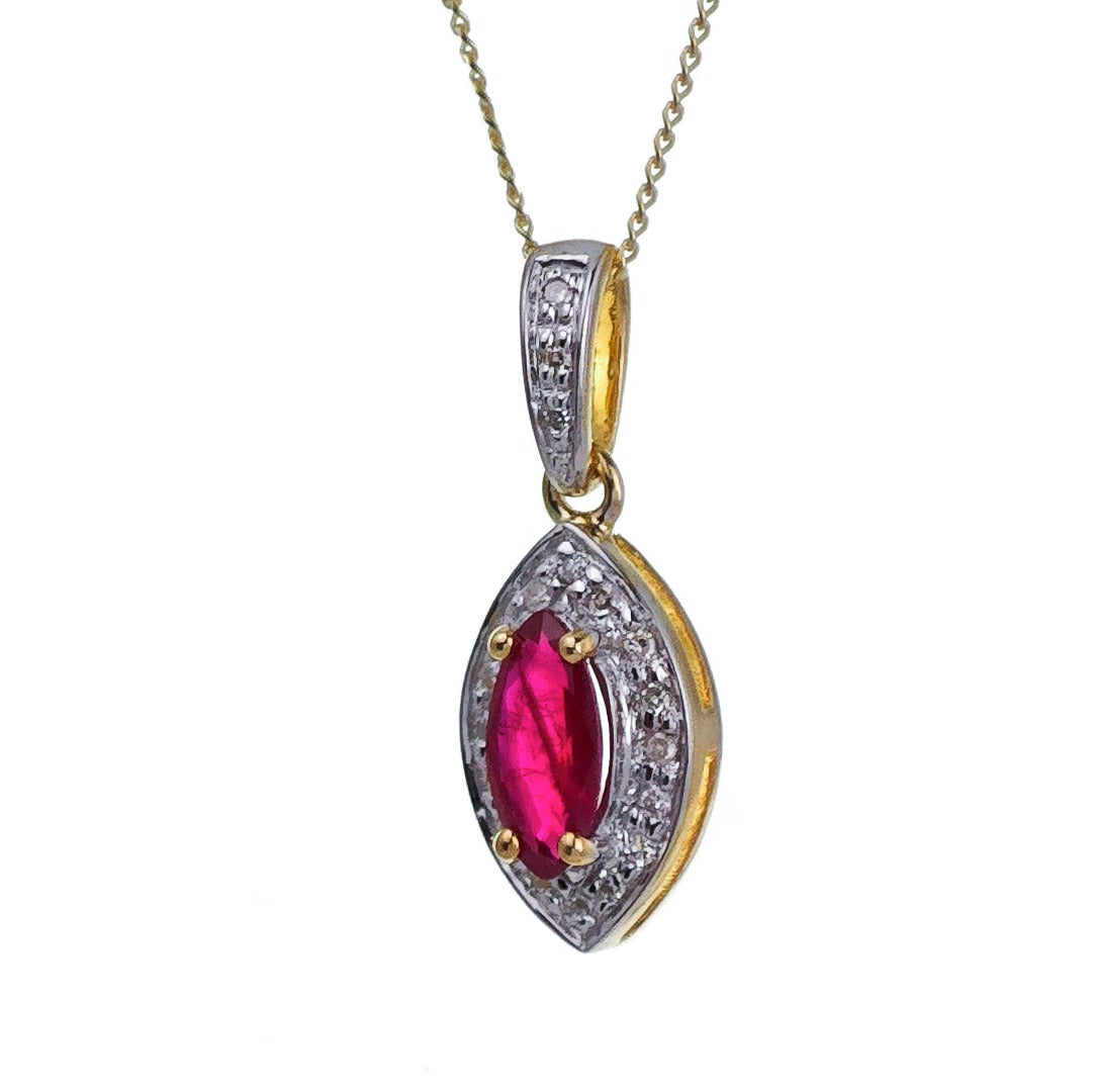 9ct Ruby Necklace Diamonds Yellow Gold 0.56ct Red Marquise Natural Gemstone