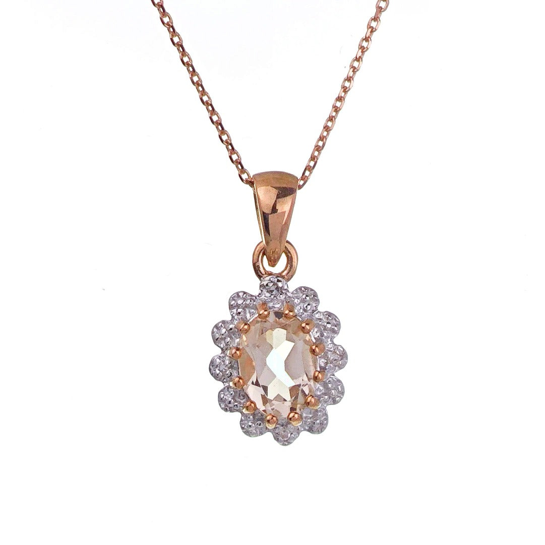 9ct Morganite Necklace Diamonds Rose Gold 0.4ct Pink Oval Natural Gemstone