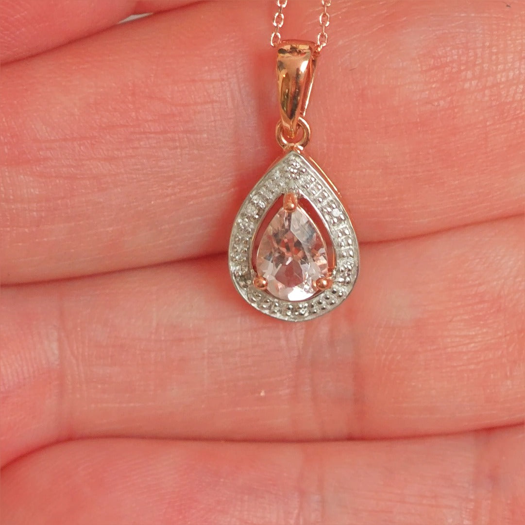 9ct Morganite Necklace Rose Gold 0.68ct Pink Pear Natural Gemstone