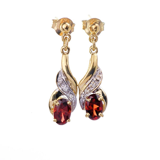 9ct Garnet Diamond Dangle Earrings Gold Natural Red Gemstones 0.90ct