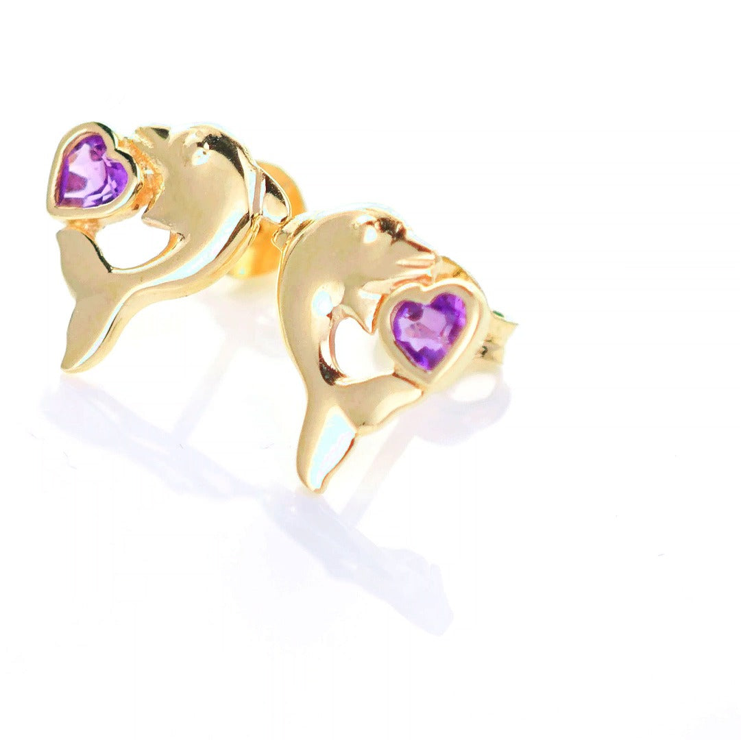 9ct Amethyst Dolphin Earrings Gold Heart Studs Natural Purple Gemstones 0.18ct