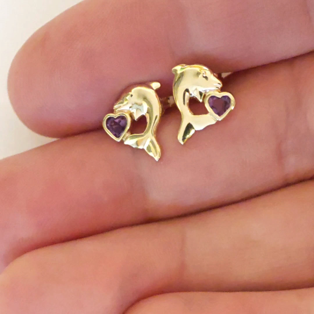 9ct Amethyst Dolphin Earrings Gold Heart Studs Natural Purple Gemstones 0.18ct