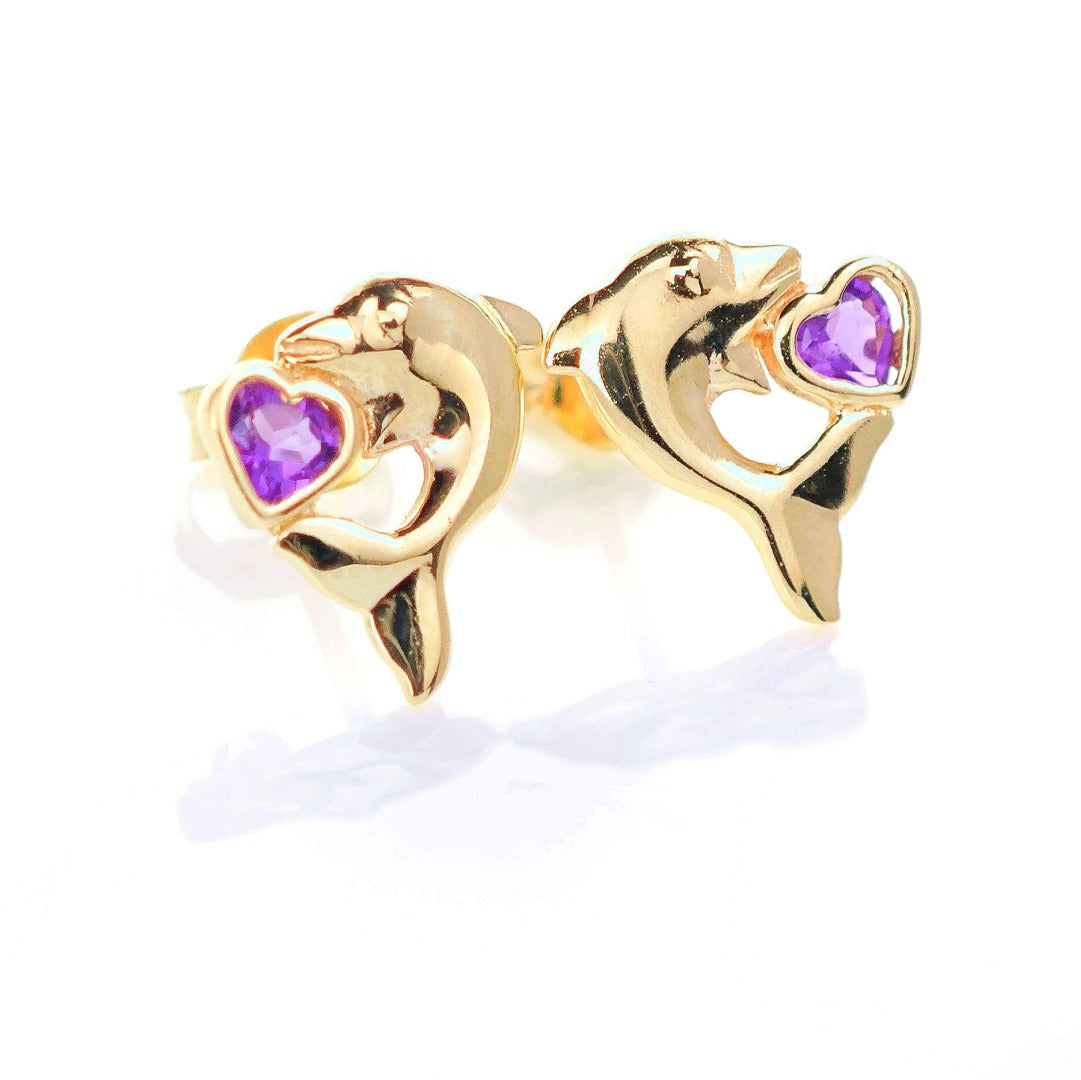 9ct Amethyst Dolphin Earrings Gold Heart Studs Natural Purple Gemstones 0.18ct