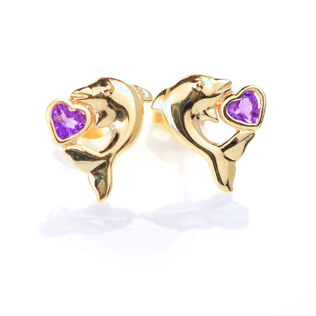 9ct Amethyst Dolphin Earrings Gold Heart Studs Natural Purple Gemstones 0.18ct