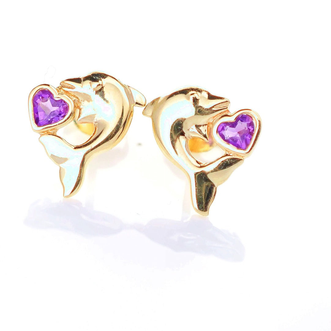 9ct Amethyst Dolphin Earrings Gold Heart Studs Natural Purple Gemstones 0.18ct