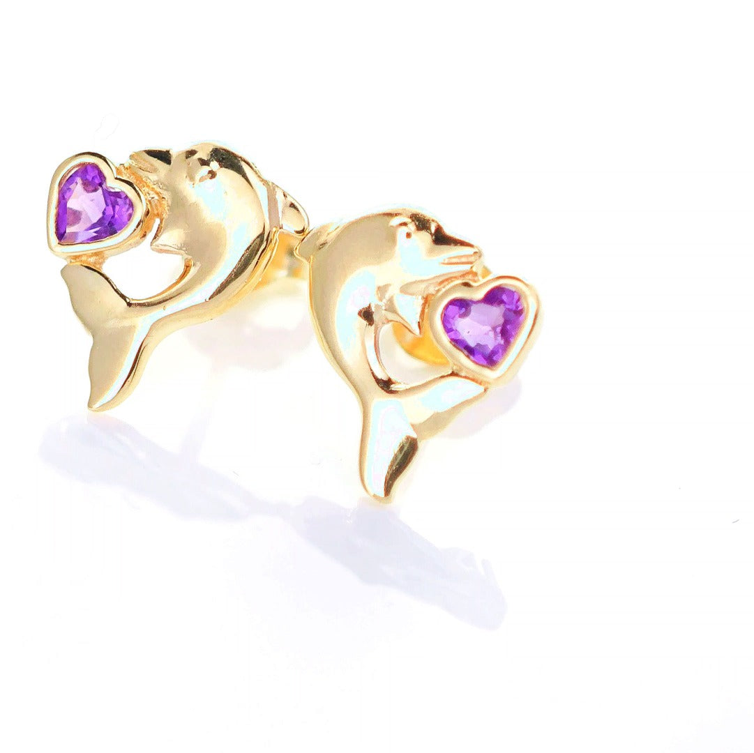 9ct Amethyst Dolphin Earrings Gold Heart Studs Natural Purple Gemstones 0.18ct