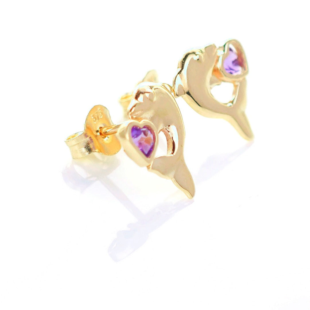 9ct Amethyst Dolphin Earrings Gold Heart Studs Natural Purple Gemstones 0.18ct